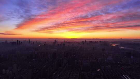 航拍辽宁沈阳城市风光日出空镜头