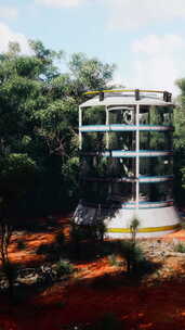 郁郁葱葱的森林景观中的未来玻璃温室塔