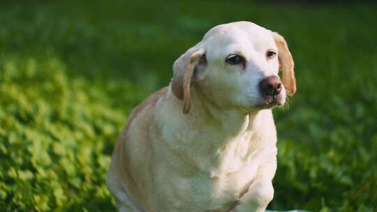 拉布拉多犬坐在草地上，面向前方