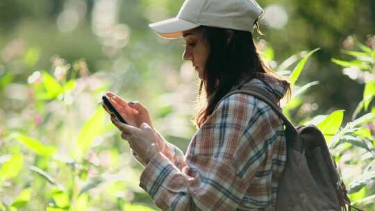 森林中的徒步旅行女人一个背着背包的女孩旅