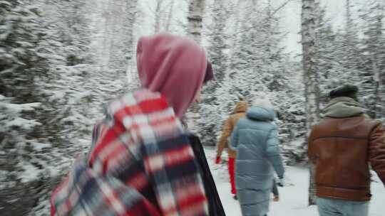 朋友，雪，森林，跑步