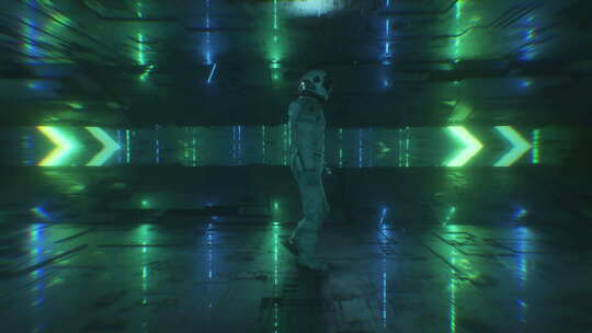 未来宇航员走在霓虹灯发光的科幻隧道背景