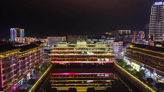 湖南怀化通道廊桥侗族廊桥风雨桥夜景航拍