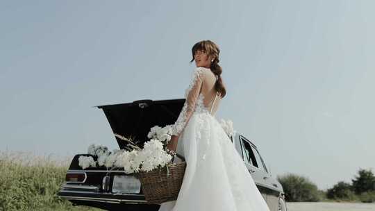 新娘，白色连衣裙，复古，汽车