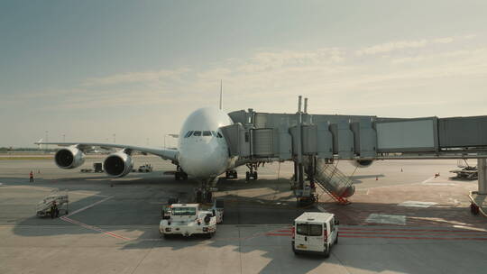 乘客在枢纽登上一架巨大的飞机