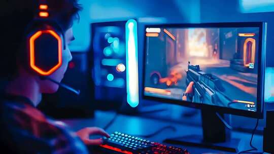 玩家专注玩电脑射击游戏