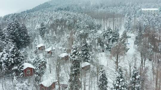 金华山森林露营基地小木屋冬季雪景航拍