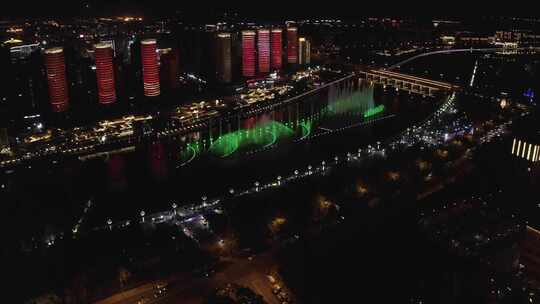 航拍内蒙古呼和浩特东河音乐喷泉夜景