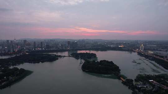 江苏南京夕阳晚霞夜幕降临夜景灯光航拍