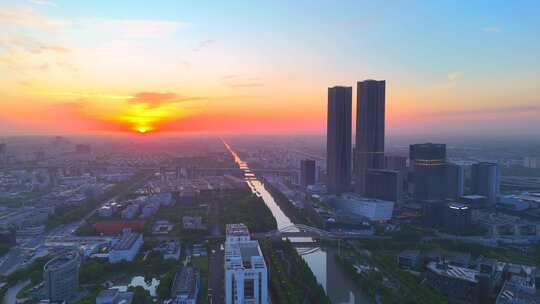 航拍上海张江科学之门日出  金色双子塔