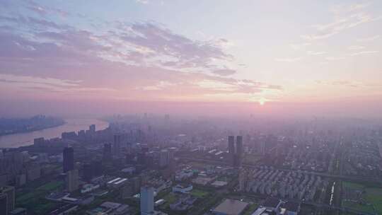 杭州滨江城市日出风景航拍