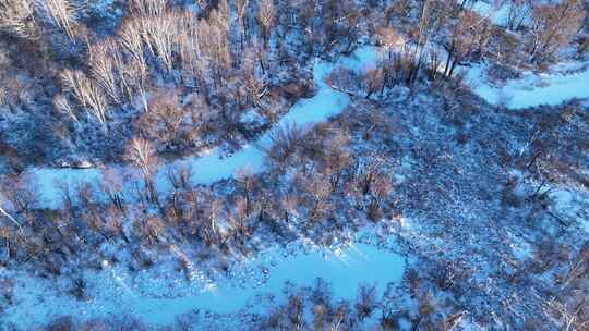 航拍冰雪覆盖的冻土森林湿地