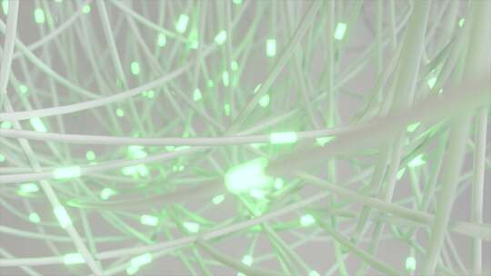 交织的白色电线与柔和的绿色亮点在混乱的网