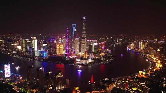 上海陆家嘴金融中心与上海外滩夜景航拍