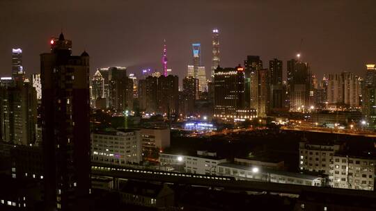 航拍上海城市夜景东方明珠外滩