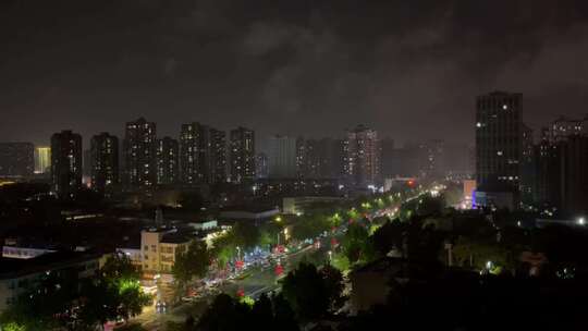 雨夜城市车流楼房天空电闪雷鸣1