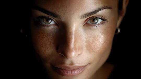 迷人女性面部特写在黑暗中绽放光彩