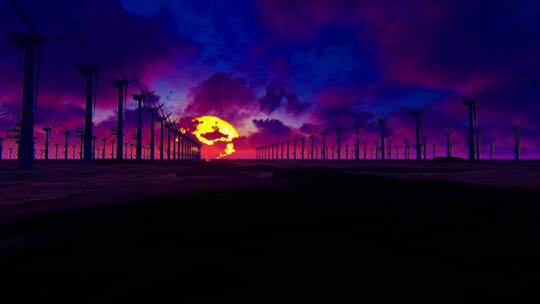 紫色落日上的风力涡轮机