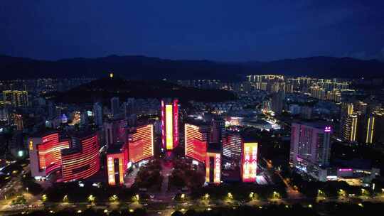 福建龙岩城市夜幕降临晚霞夜景灯光航拍