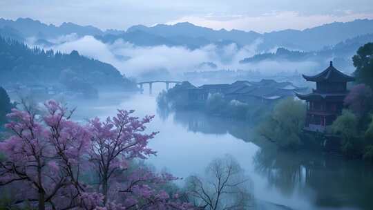 中国风 河边古建筑 桃花