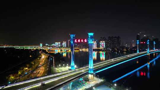 航拍湖北襄阳夜景凤雏大桥夜景