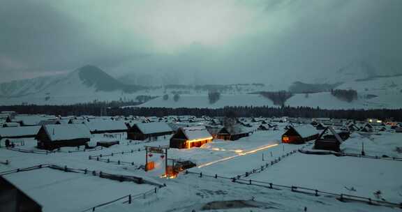 冬天喀纳斯禾木村雪景航拍