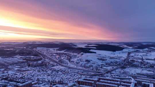 牙克石航拍冬天雪景日出