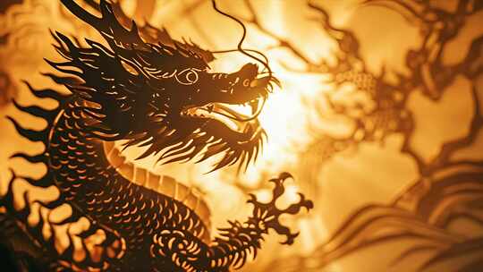 中国传统龙剪影 光影非遗剪纸与皮影戏风格
