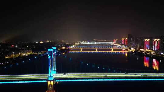 航拍湖北襄阳夜景凤雏大桥夜景