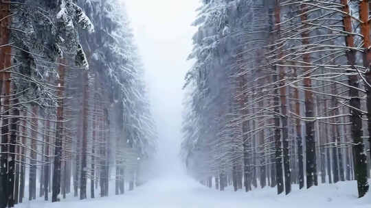 雪覆松林冬日景象