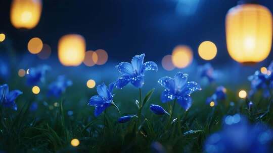 蓝花夜景配灯笼梦幻场景