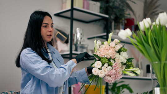 靠近白色桌子的花店女孩收集了一束美丽的白