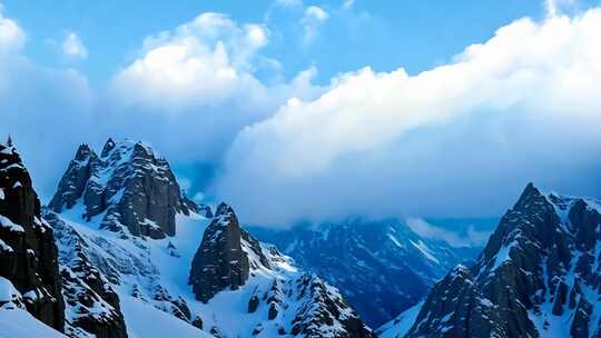 雪岭幽蓝 云雾翻腾 冬日纯净之景