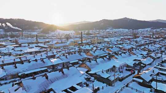 中国黑龙江冬季横道河子东北小镇雪乡航拍