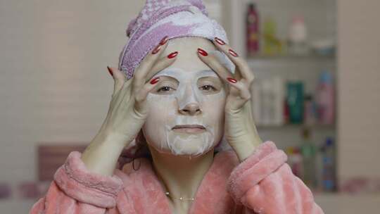 浴室里敷化妆品面膜的女人。护肤品水疗中心