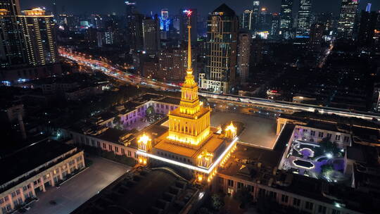 上海展览中心夜景航拍