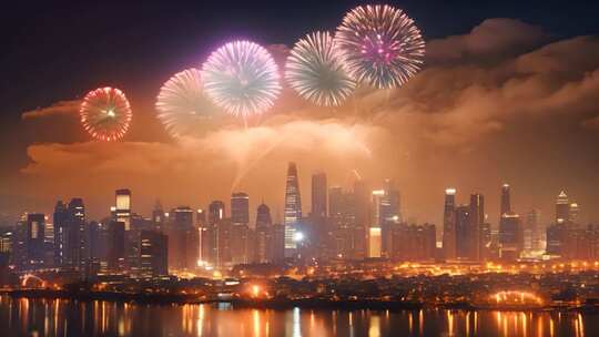 在中国传统节日，城市上方绽放着璀璨的烟花