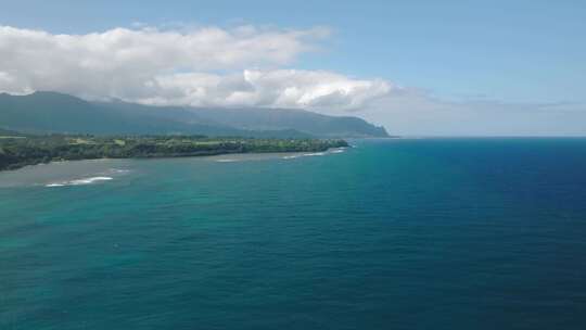 夏威夷考艾岛阿尼尼海滩的广角航拍跟踪权。美丽的深蓝色大海和开阔的天空。