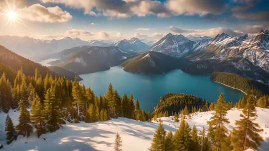 雪山森林间的蓝色湖泊全景