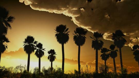 棕榈树在日落和云的延时