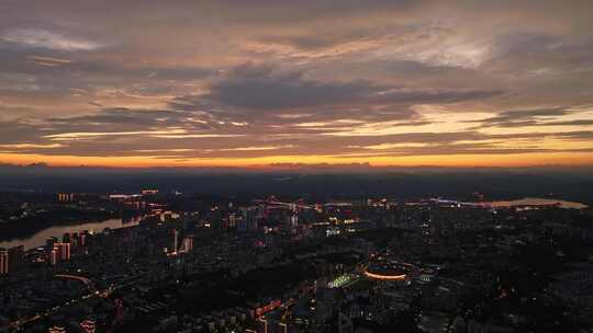 航拍宜昌城市夜景长江晚霞