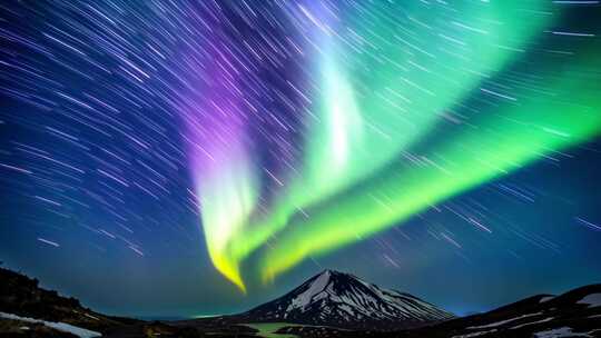 夜空下山脉极光星轨景象