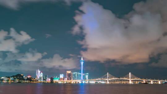 澳门_澳门塔_西湾大桥_夜景_流云4K