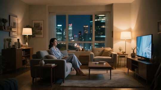 女子客厅沙发上看电视