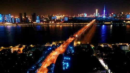 航拍武汉长江大桥夜景