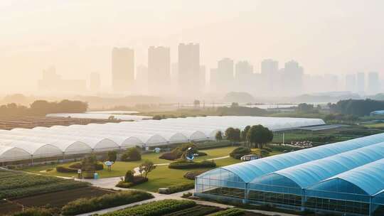 城郊蔬菜大棚与城市天际线景观
