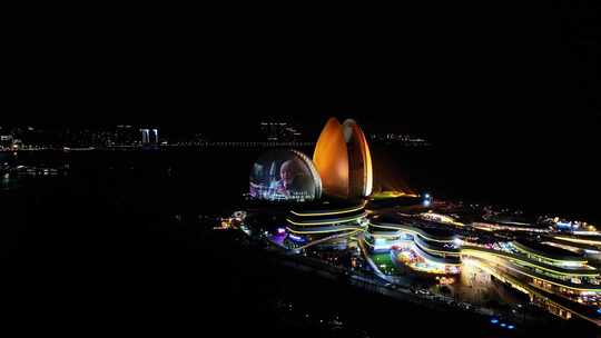 广州珠海日月贝大剧院情侣路海滩夜景航拍