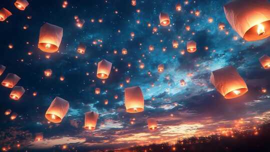 夜空中放飞的孔明灯