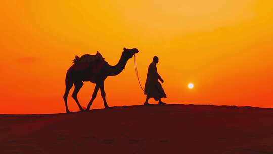 日落时分牵着骆驼沙漠行走一带一路西域