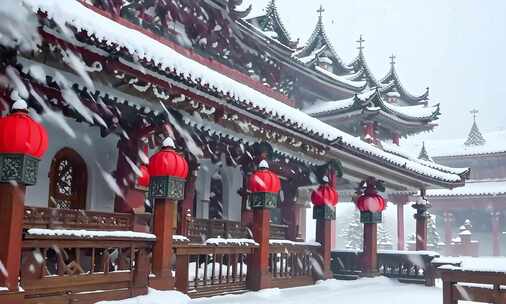 中式古建筑雪景红笼美如画